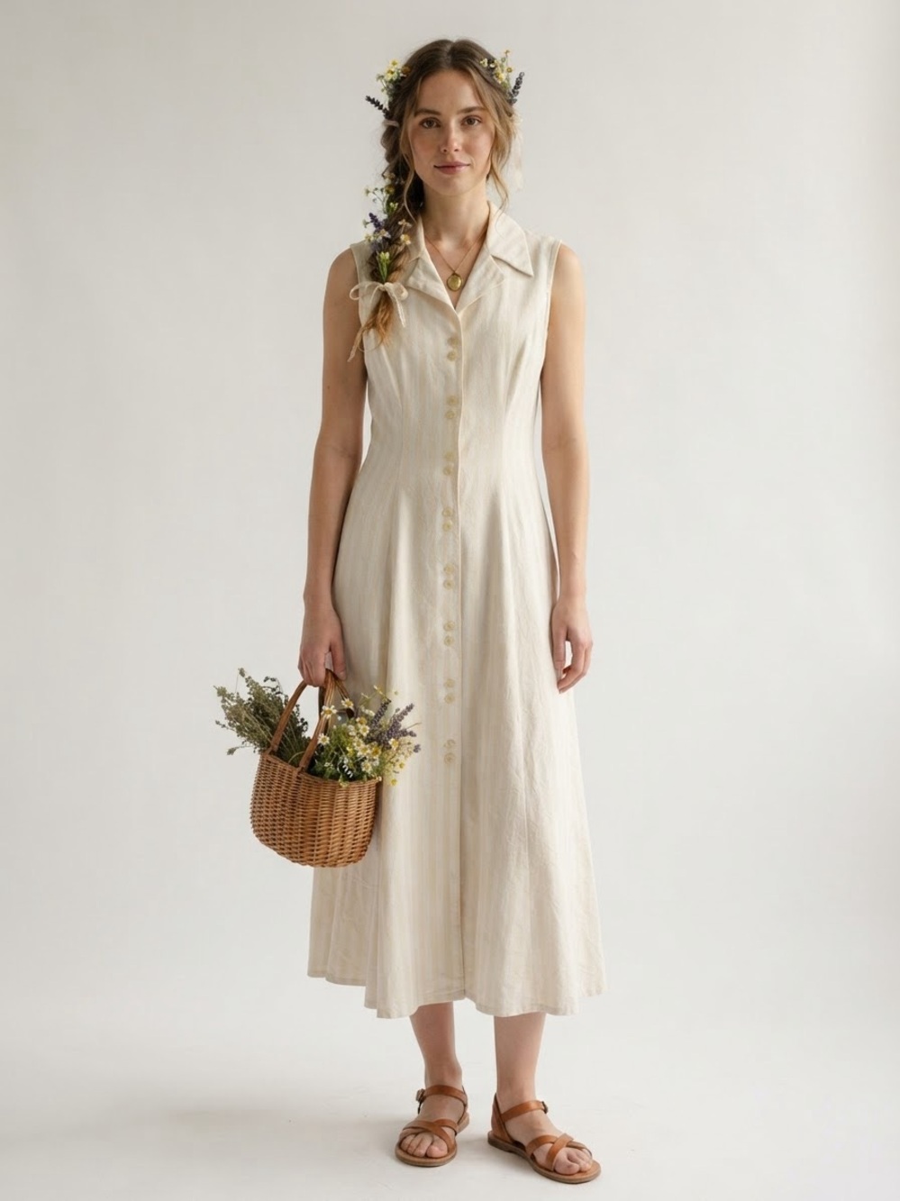 Vintage Prairiecore Button Down Maxi Dress Striped Cottagecore Earthy Goblincore